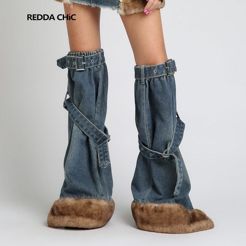 REDDACHIC_Faux_Fur_Patchwork_Micro_Flare_Side_Slit_Lace_Up_Women'S_Denim_Leg_Warmers_MISSTT