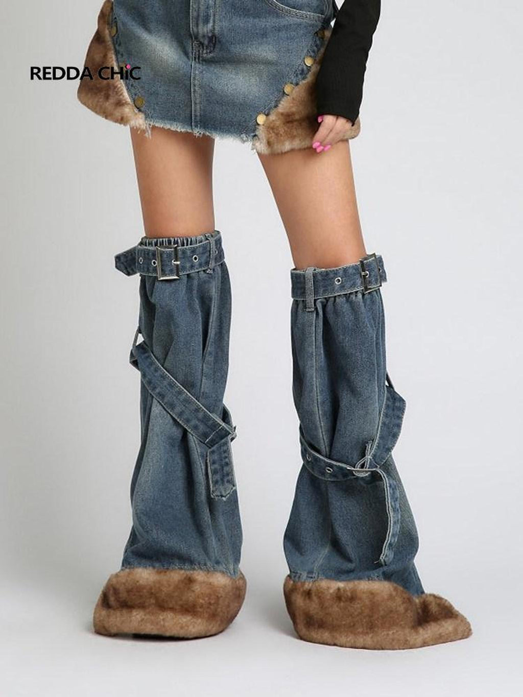 REDDACHIC Faux Fur Patchwork Micro Flare Side Slit Lace Up Women'S Denim Leg Warmers