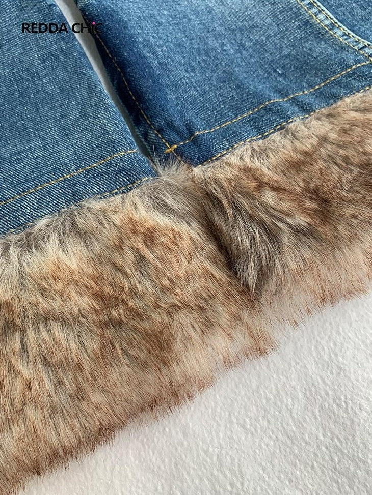 REDDACHIC Faux Fur Patchwork Micro Flare Side Slit Lace Up Women'S Denim Leg Warmers