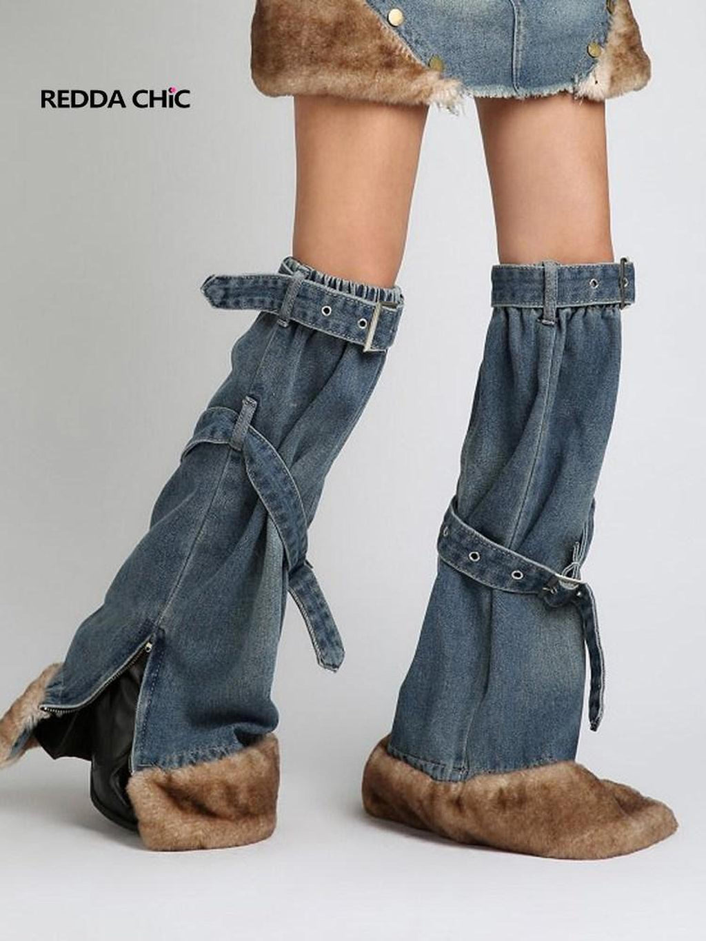 REDDACHIC Faux Fur Patchwork Micro Flare Side Slit Lace Up Women'S Denim Leg Warmers