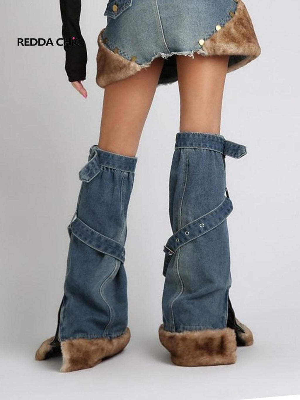 REDDACHIC Faux Fur Patchwork Micro Flare Side Slit Lace Up Women'S Denim Leg Warmers