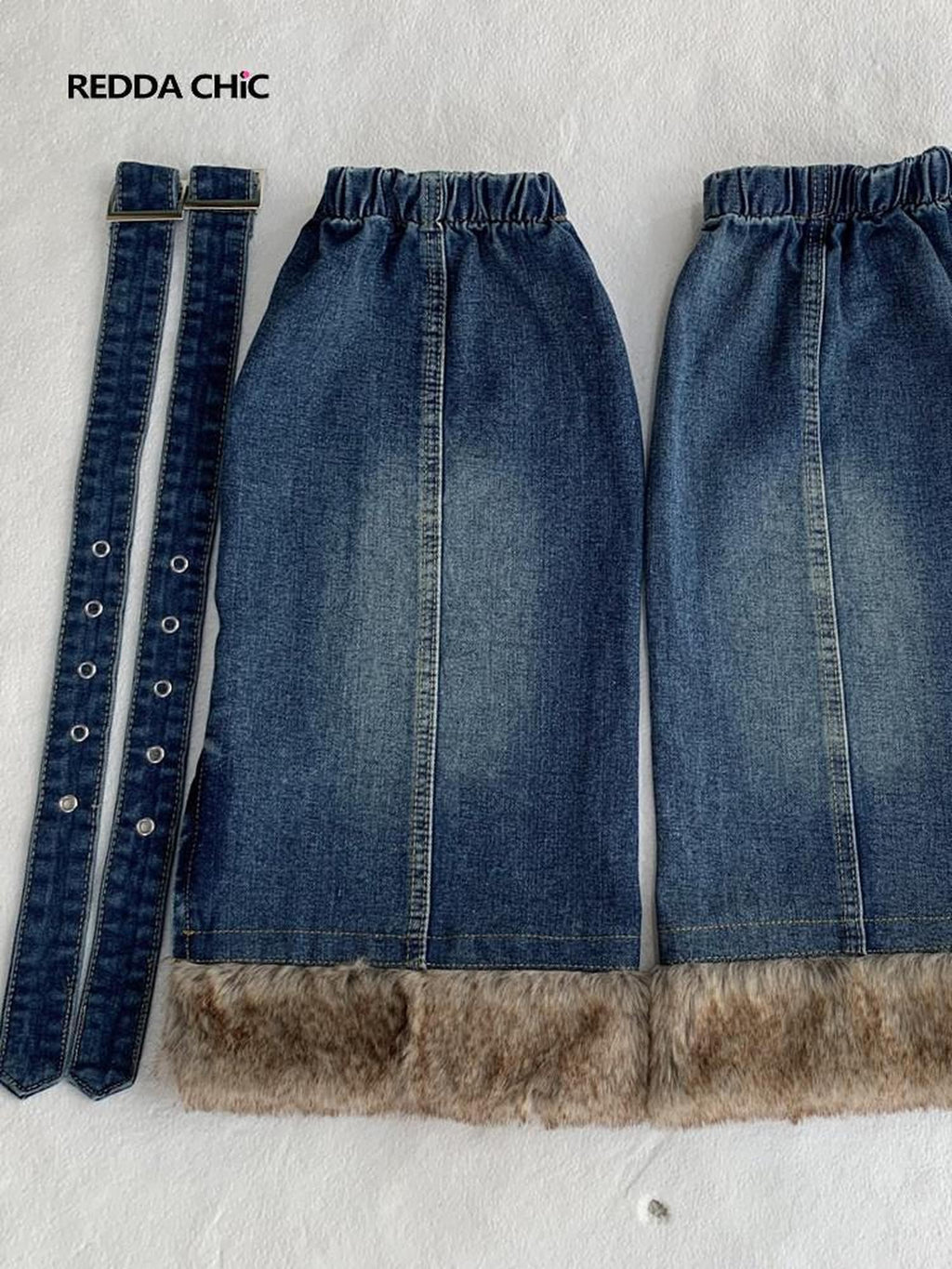 REDDACHIC Faux Fur Patchwork Micro Flare Side Slit Lace Up Women'S Denim Leg Warmers