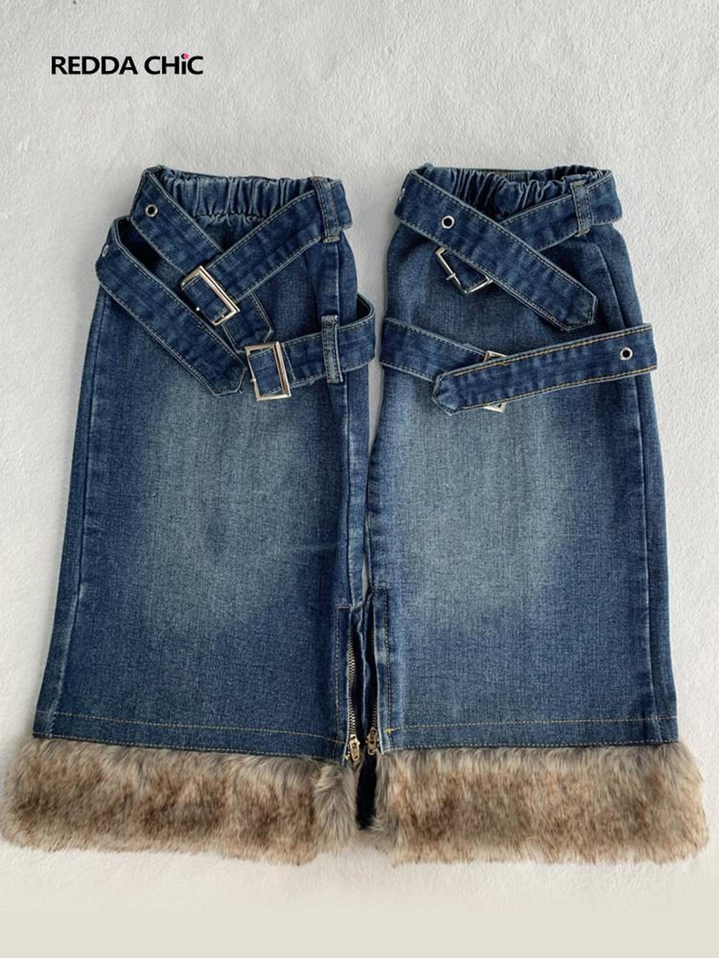 REDDACHIC Faux Fur Patchwork Micro Flare Side Slit Lace Up Women'S Denim Leg Warmers