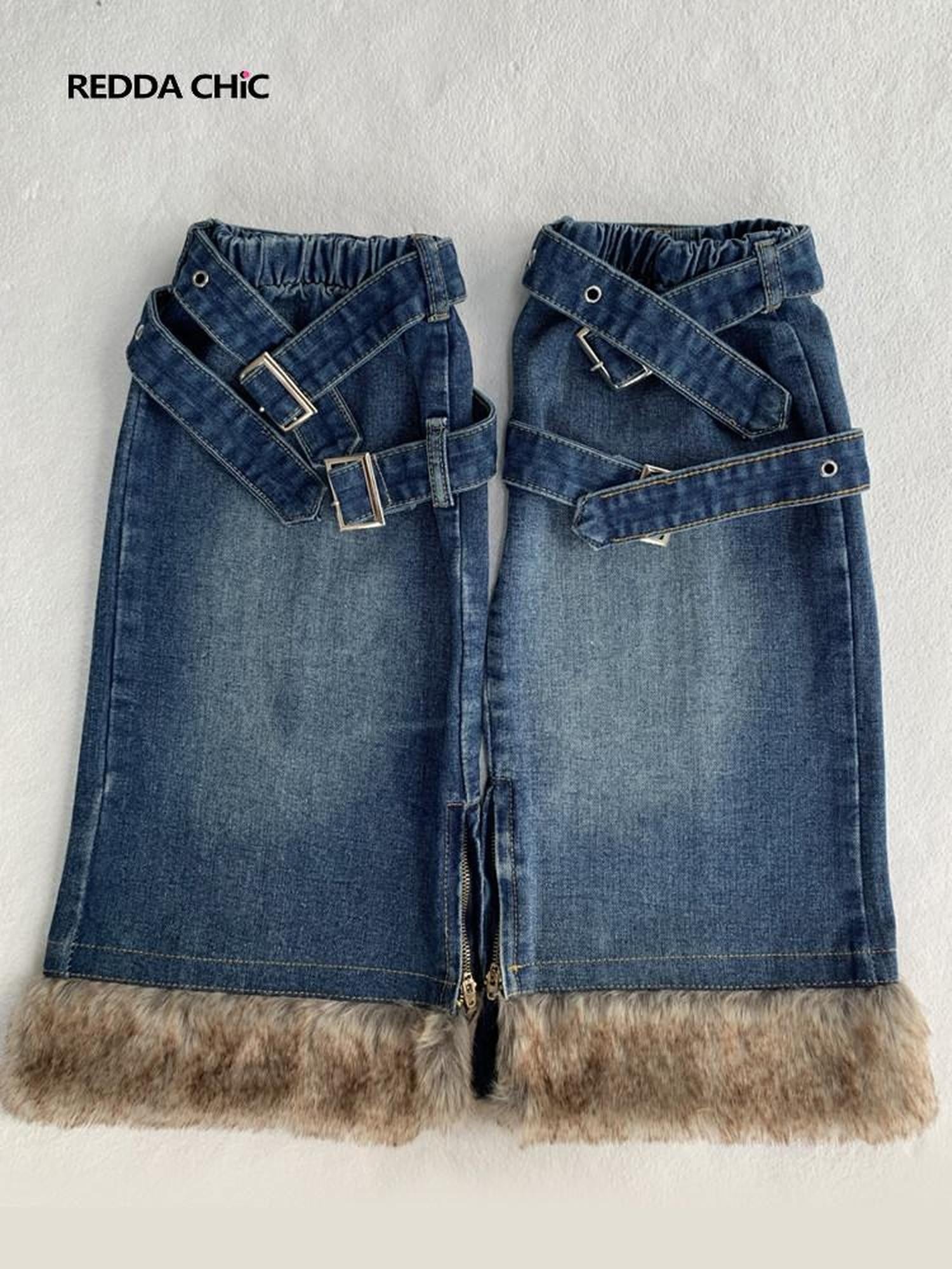 REDDACHIC Faux Fur Patchwork Micro Flare Side Slit Lace Up Women'S Denim Leg Warmers