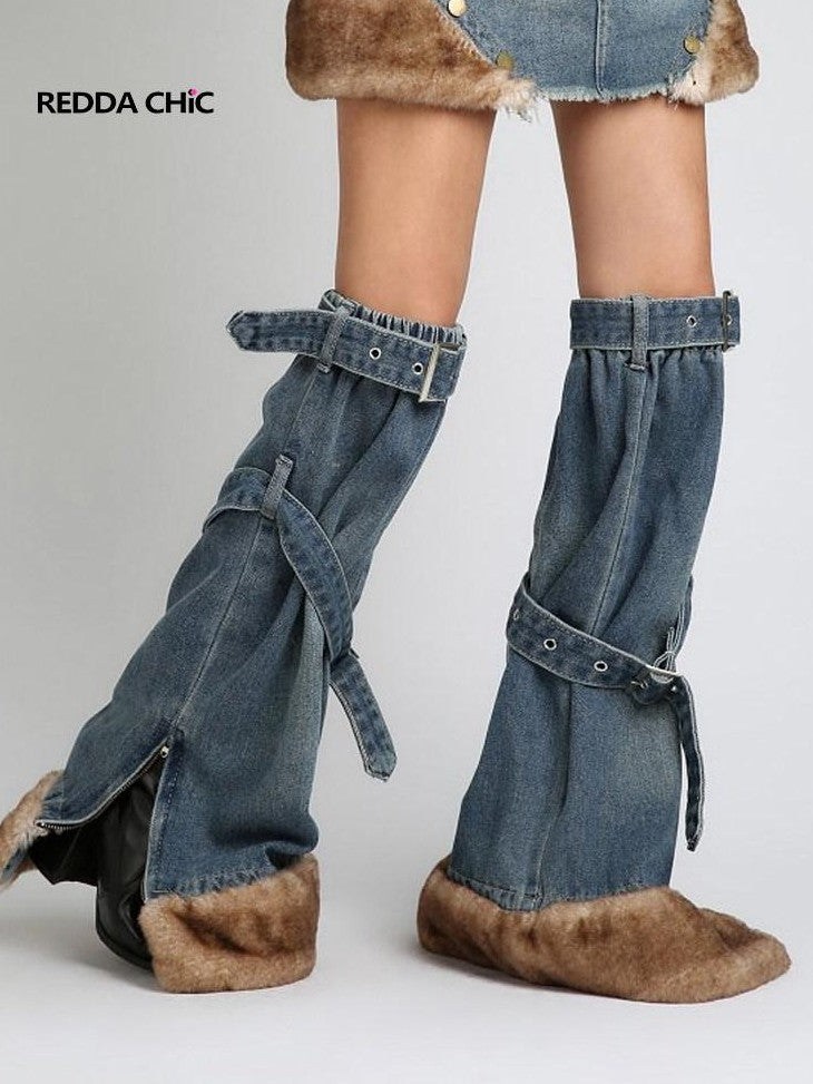 REDDACHIC Faux Fur Patchwork Micro Flare Side Slit Lace Up Women'S Denim Leg Warmers