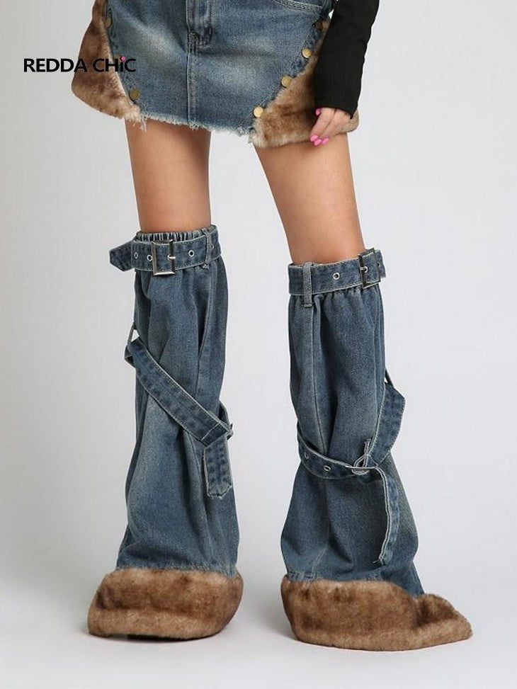 REDDACHIC Faux Fur Patchwork Micro Flare Side Slit Lace Up Women'S Denim Leg Warmers