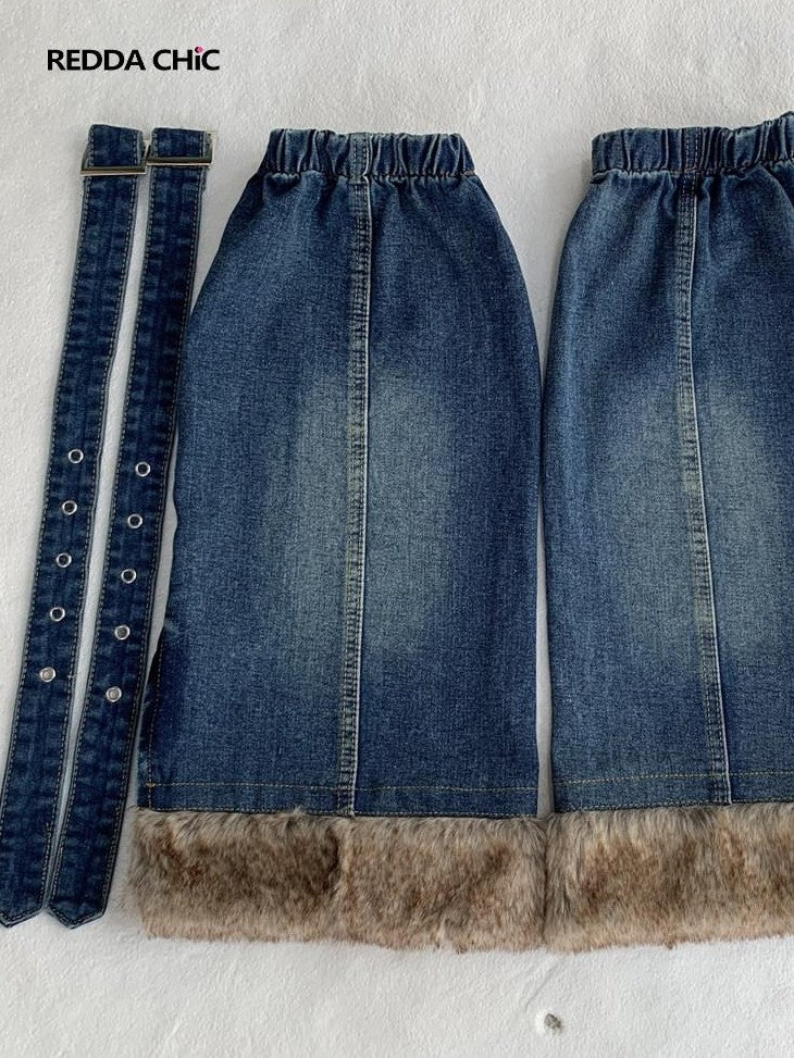 REDDACHIC Faux Fur Patchwork Micro Flare Side Slit Lace Up Women'S Denim Leg Warmers