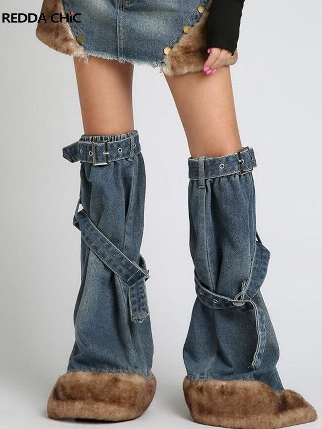REDDACHIC Faux Fur Patchwork Micro Flare Side Slit Lace Up Women'S Denim Leg Warmers