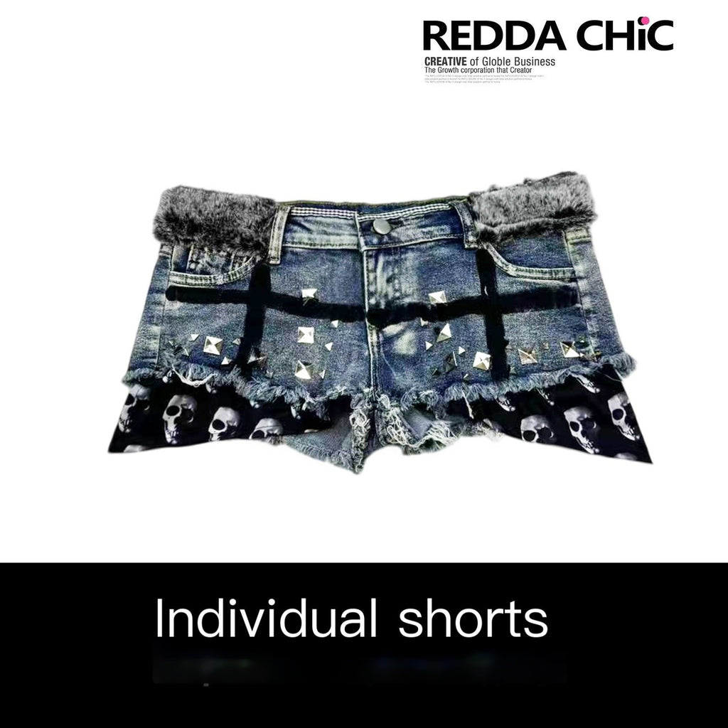 REDDACHIC_Faux_Fur_Skull_Cross_Studded_Women'S_Stretch_Cotton_Denim_Shorts_MISSTT