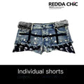 REDDACHIC_Faux_Fur_Skull_Cross_Studded_Women'S_Stretch_Cotton_Denim_Shorts_MISSTT