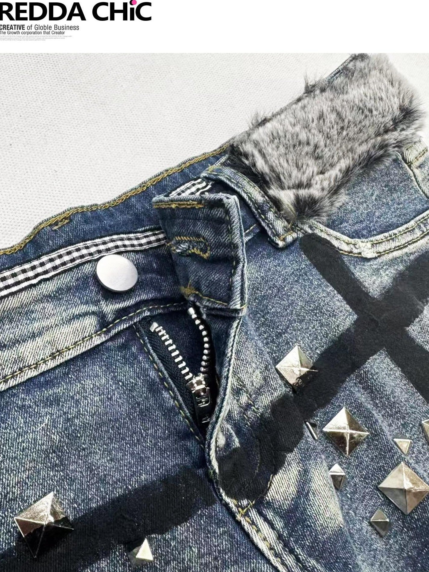 REDDACHIC Faux Fur Skull Cross Studded Women'S Stretch Cotton Denim Shorts