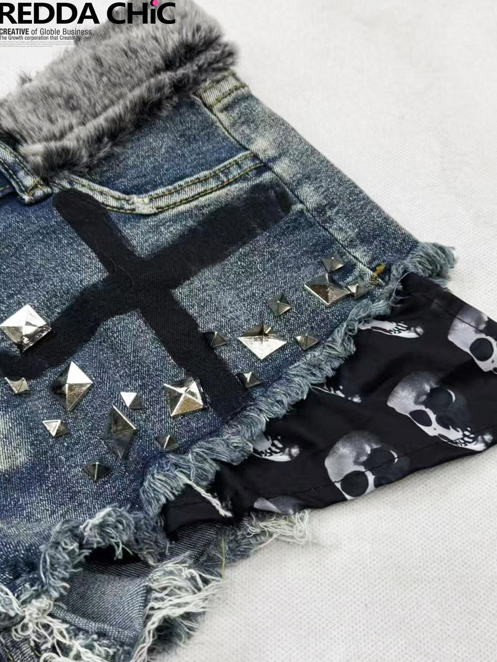 REDDACHIC Faux Fur Skull Cross Studded Women'S Stretch Cotton Denim Shorts