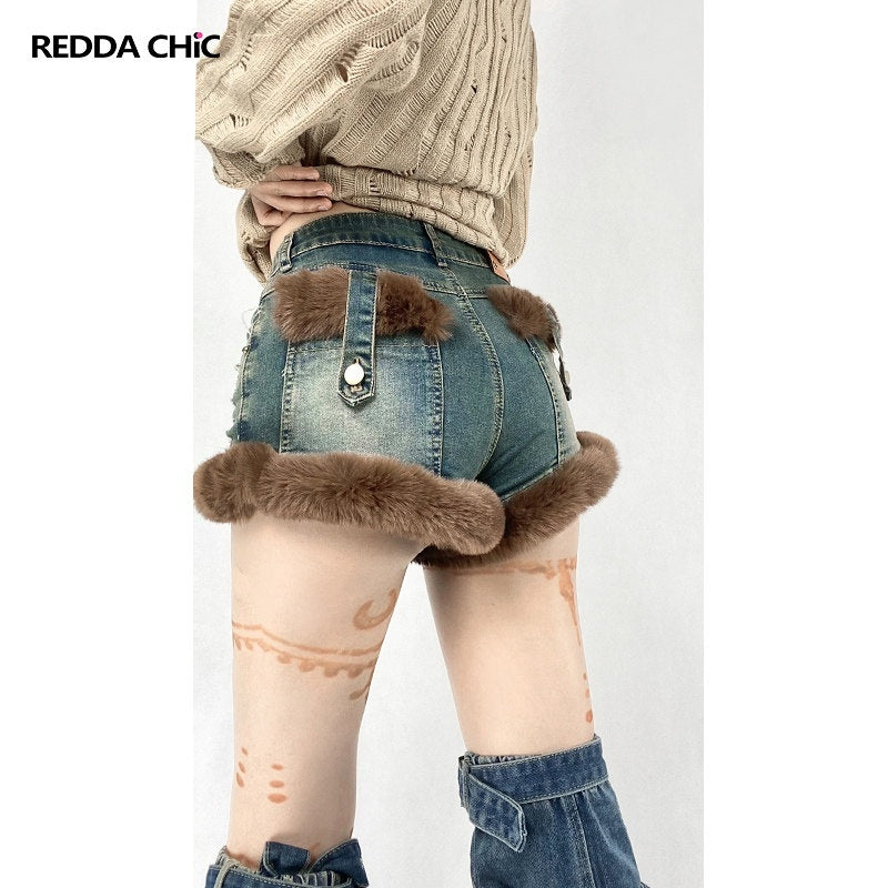 REDDACHIC_Faux_Fur_Wide_Leg_High_Waist_Ultra_Short_Women'S_Stretch_Denim_Shorts_MISSTT