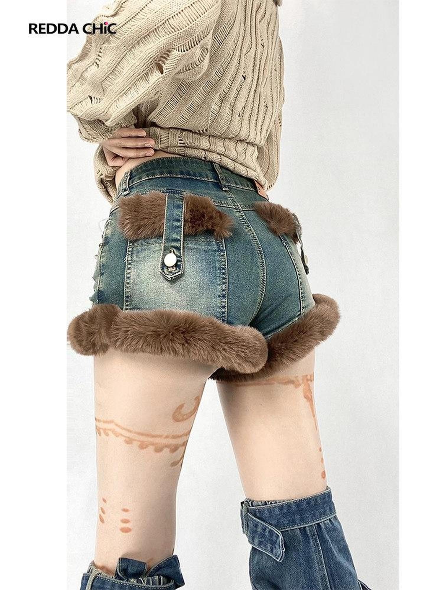 REDDACHIC Faux Fur Wide Leg High Waist Ultra Short Women'S Stretch Denim Shorts