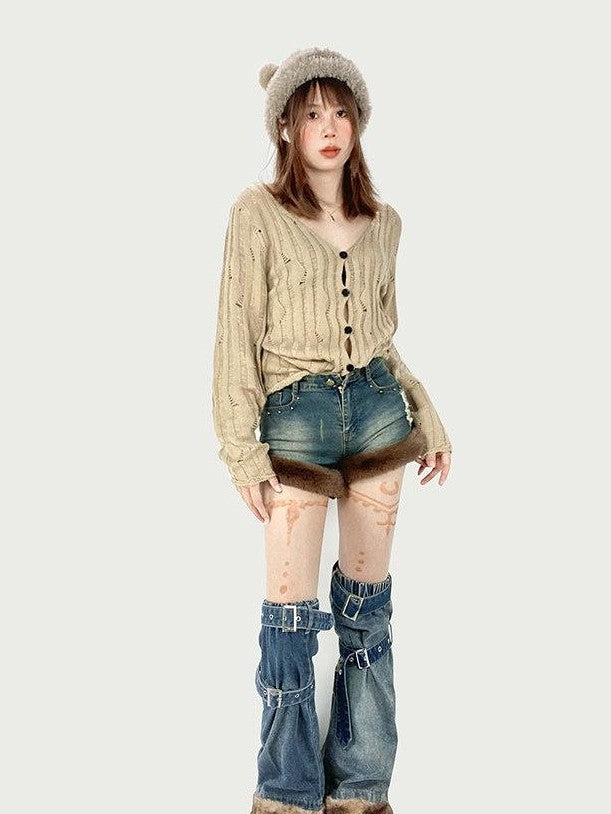 REDDACHIC Faux Fur Wide Leg High Waist Ultra Short Women'S Stretch Denim Shorts