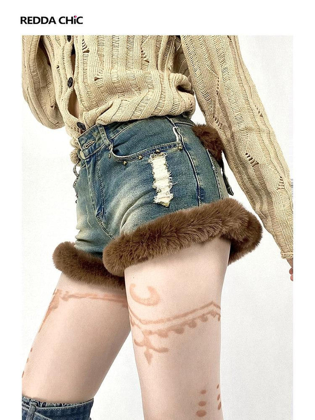 REDDACHIC Faux Fur Wide Leg High Waist Ultra Short Women'S Stretch Denim Shorts