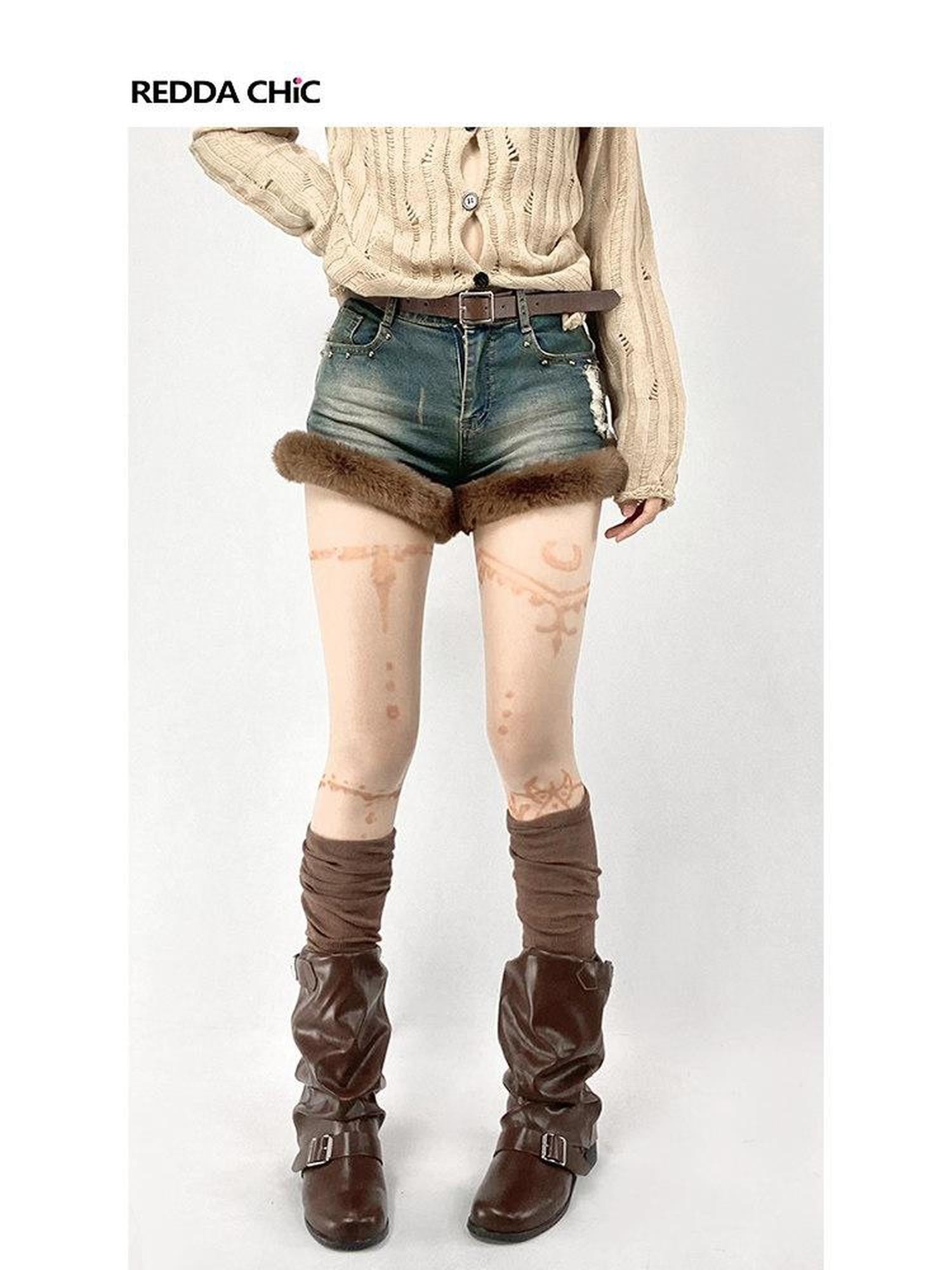 REDDACHIC Faux Fur Wide Leg High Waist Ultra Short Women'S Stretch Denim Shorts