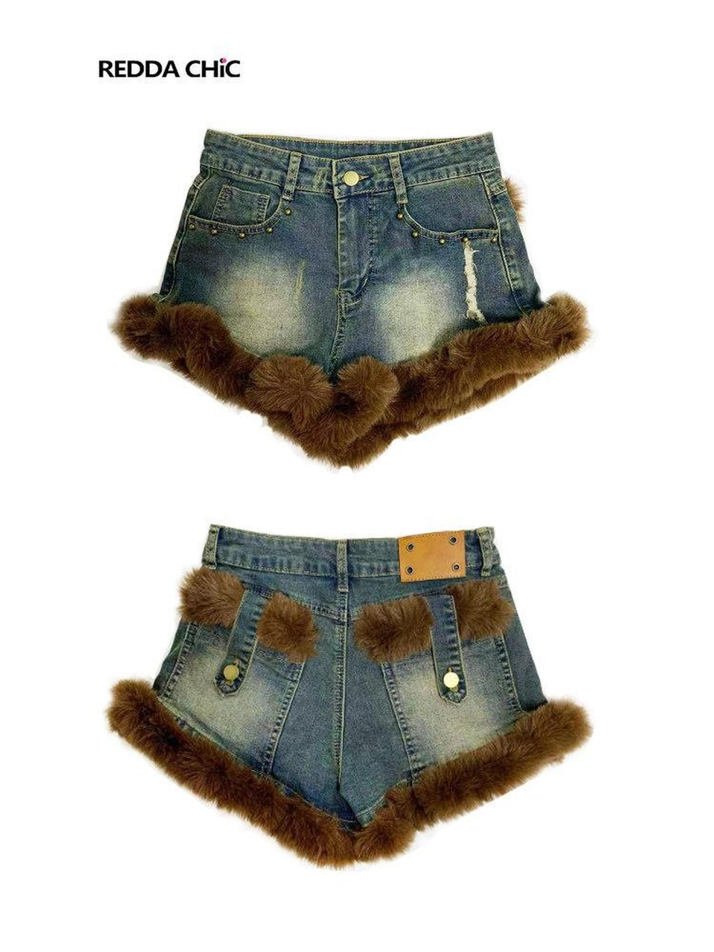 REDDACHIC Faux Fur Wide Leg High Waist Ultra Short Women'S Stretch Denim Shorts