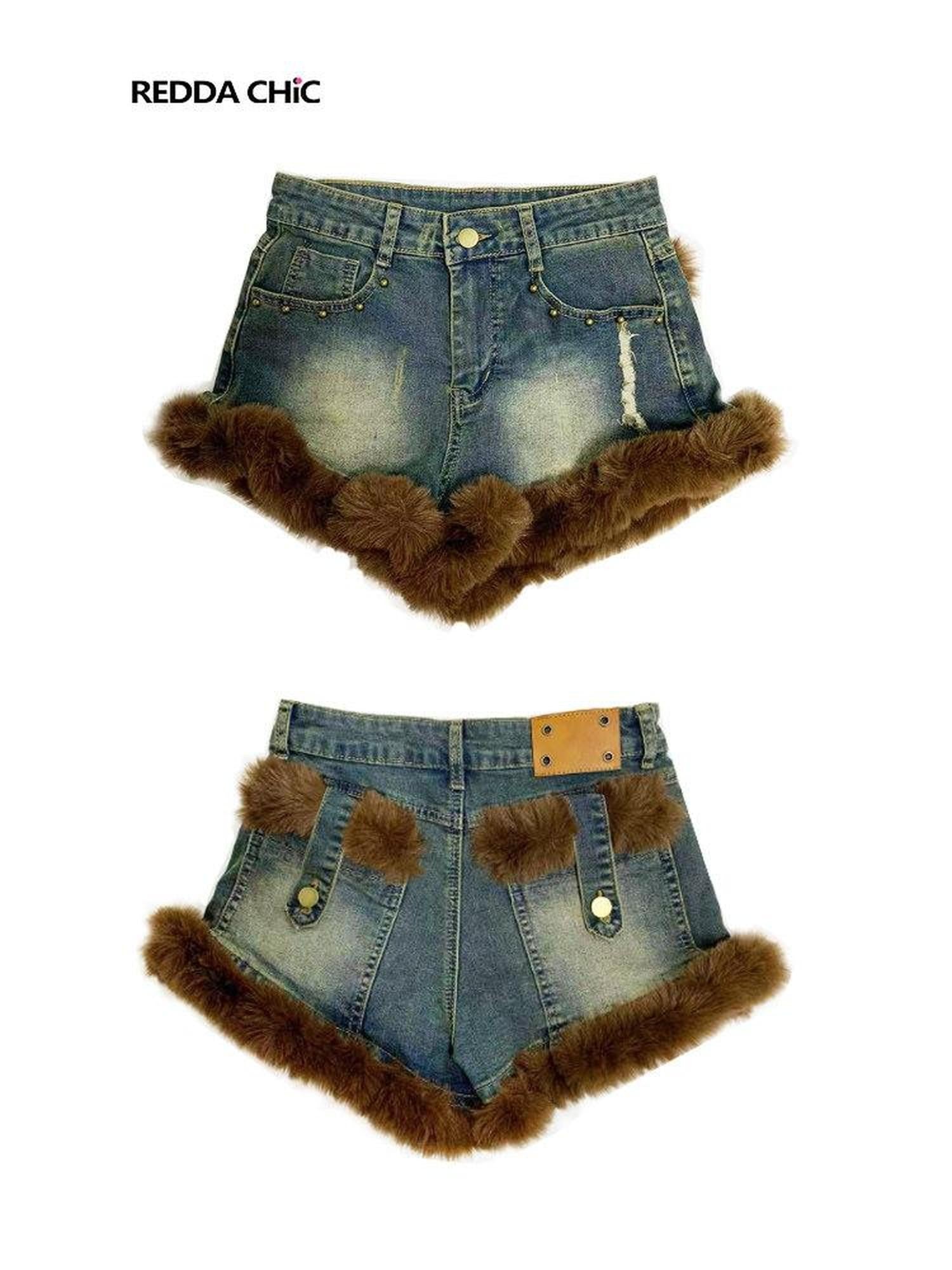 REDDACHIC Faux Fur Wide Leg High Waist Ultra Short Women'S Stretch Denim Shorts