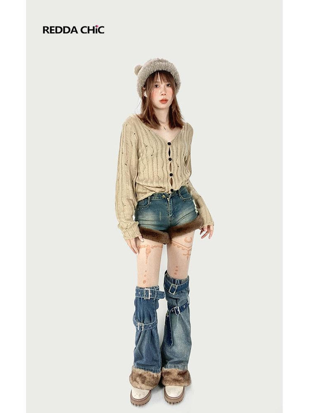 REDDACHIC Faux Fur Wide Leg High Waist Ultra Short Women'S Stretch Denim Shorts