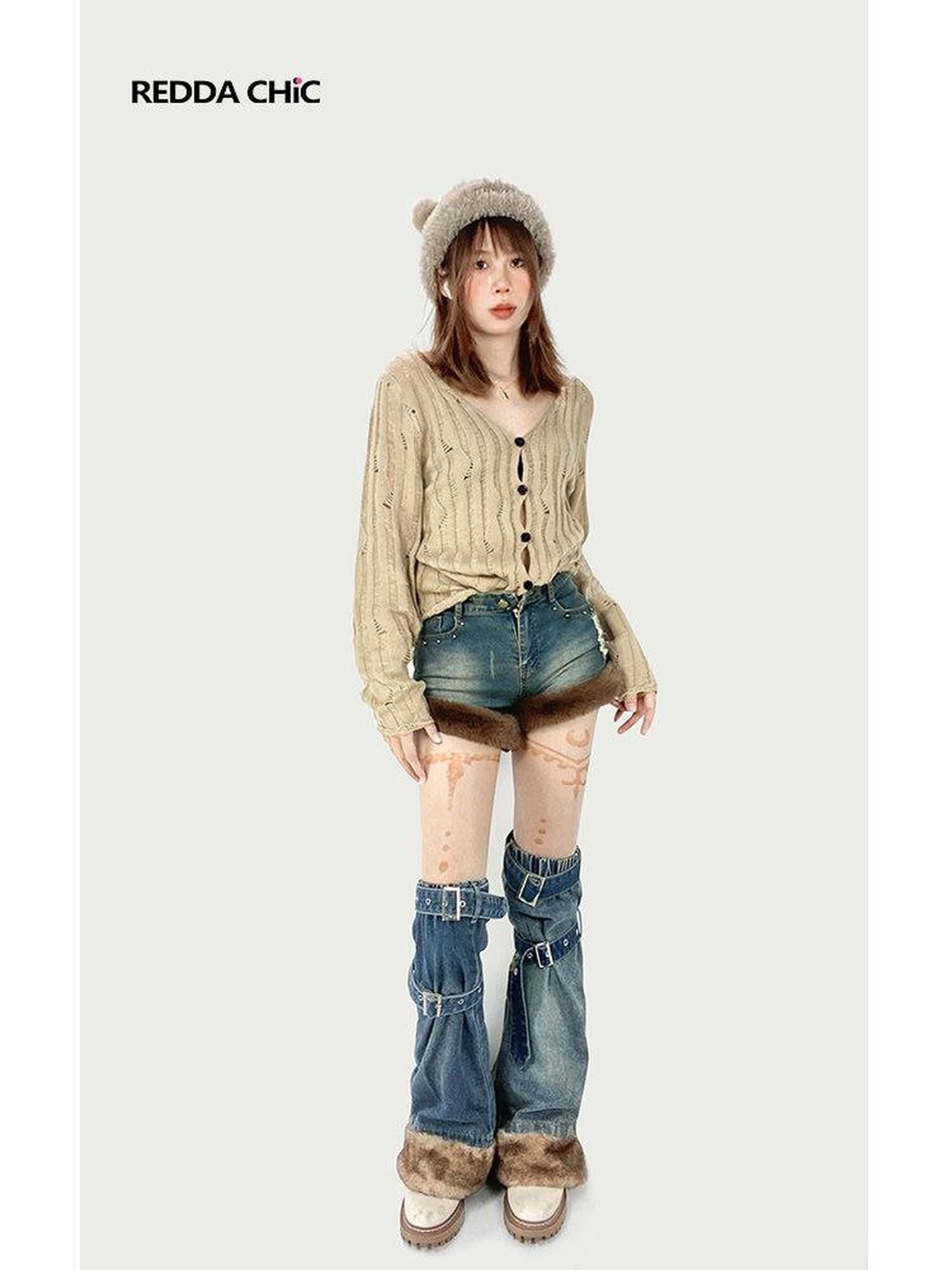 REDDACHIC Faux Fur Wide Leg High Waist Ultra Short Women'S Stretch Denim Shorts