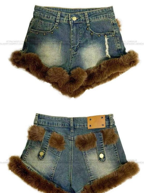 REDDACHIC Faux Fur Wide Leg High Waist Ultra Short Women'S Stretch Denim Shorts