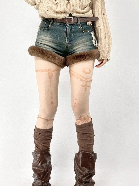REDDACHIC Faux Fur Wide Leg High Waist Ultra Short Women'S Stretch Denim Shorts