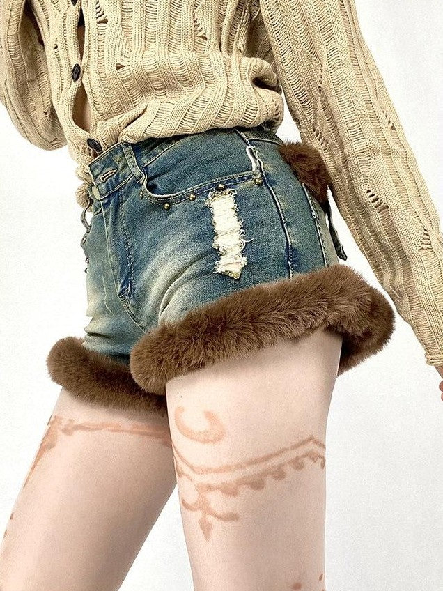 REDDACHIC Faux Fur Wide Leg High Waist Ultra Short Women'S Stretch Denim Shorts