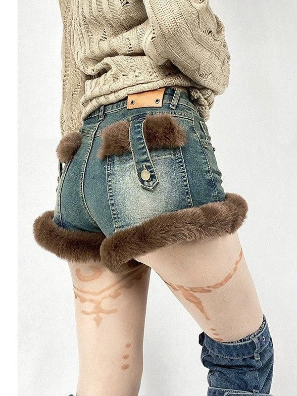 REDDACHIC Faux Fur Wide Leg High Waist Ultra Short Women'S Stretch Denim Shorts