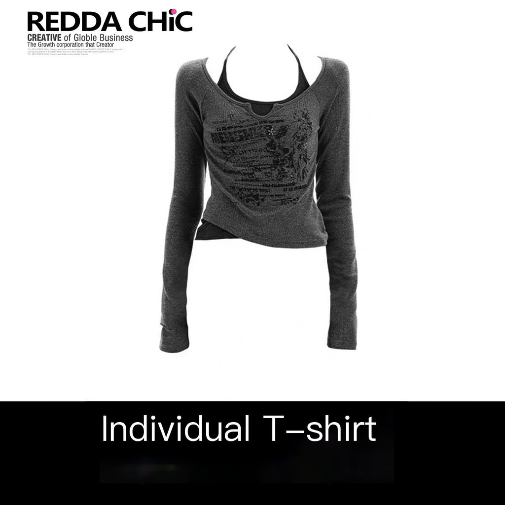 REDDACHIC_Faux_Layered_Halter_Print_Cropped_Slim_Dark_Gray_Women'S_Long_Sleeve_T-Shirts_MISSTT