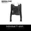 REDDACHIC_Faux_Layered_Halter_Print_Cropped_Slim_Dark_Gray_Women'S_Long_Sleeve_T-Shirts_MISSTT