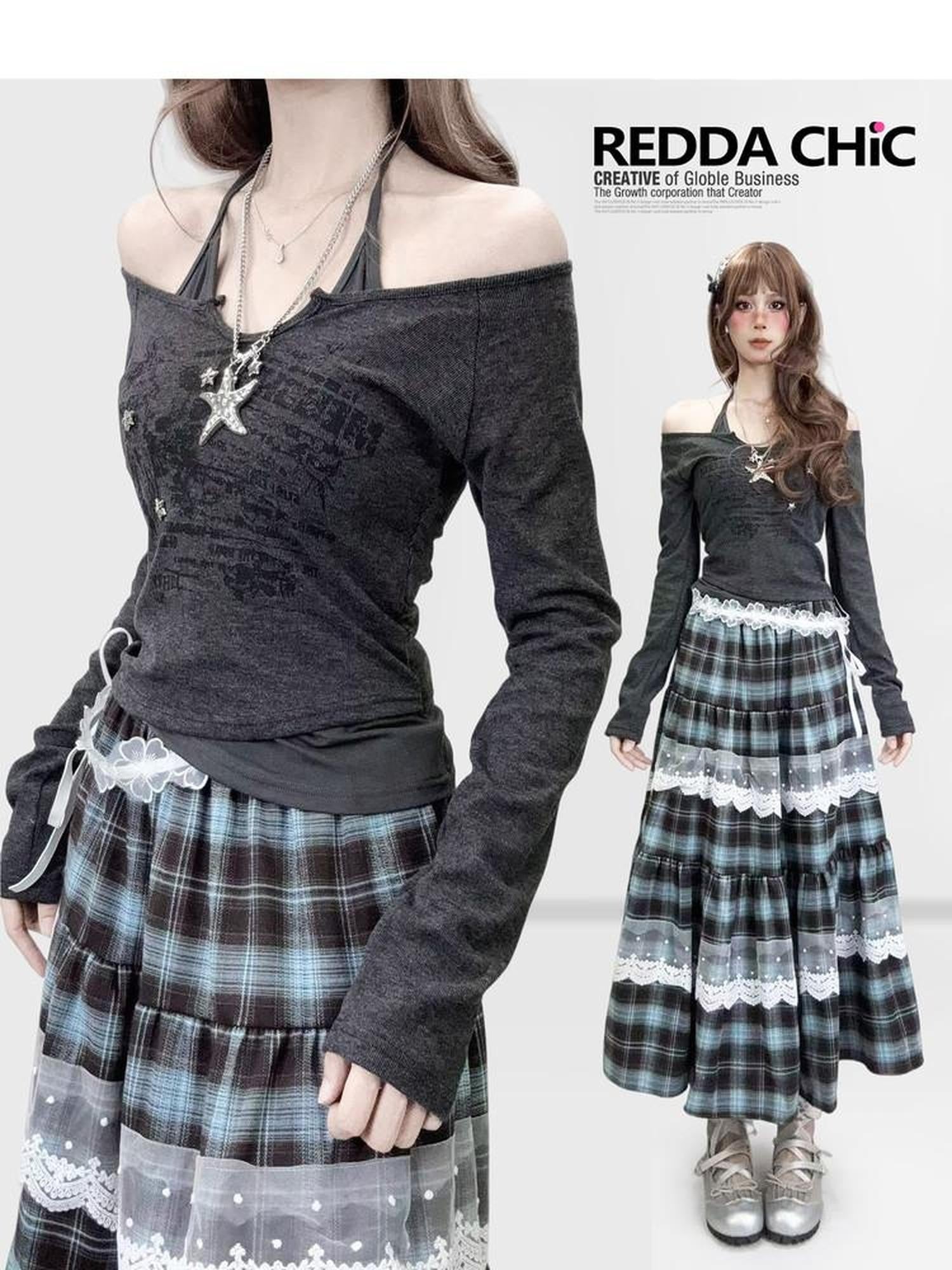 REDDACHIC Faux Layered Halter Print Cropped Slim Dark Gray Women'S Long Sleeve T-Shirts