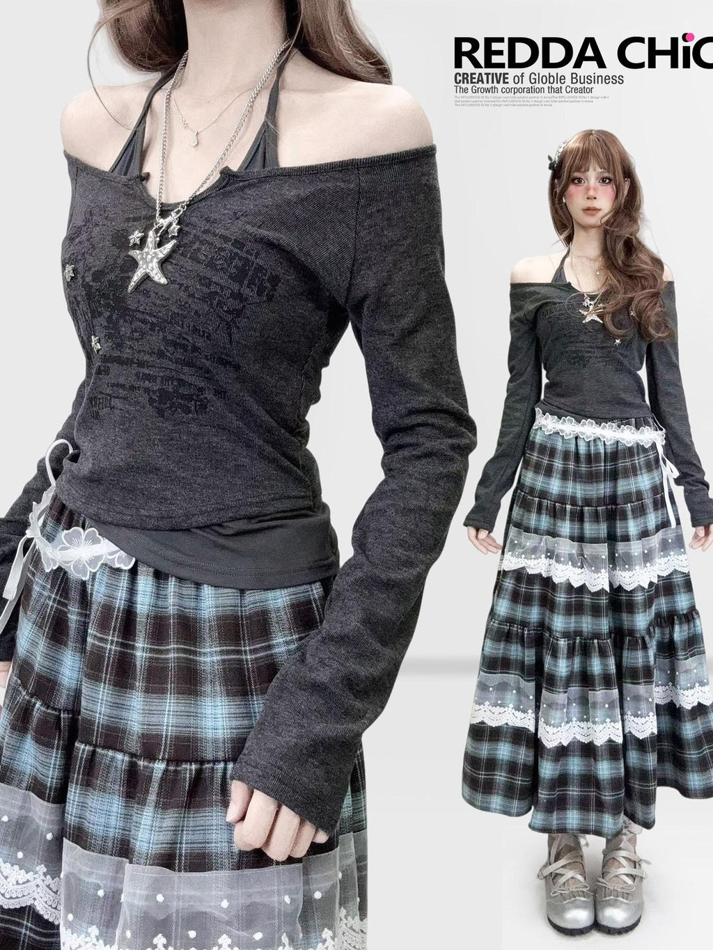 REDDACHIC Faux Layered Halter Print Cropped Slim Dark Gray Women'S Long Sleeve T-Shirts