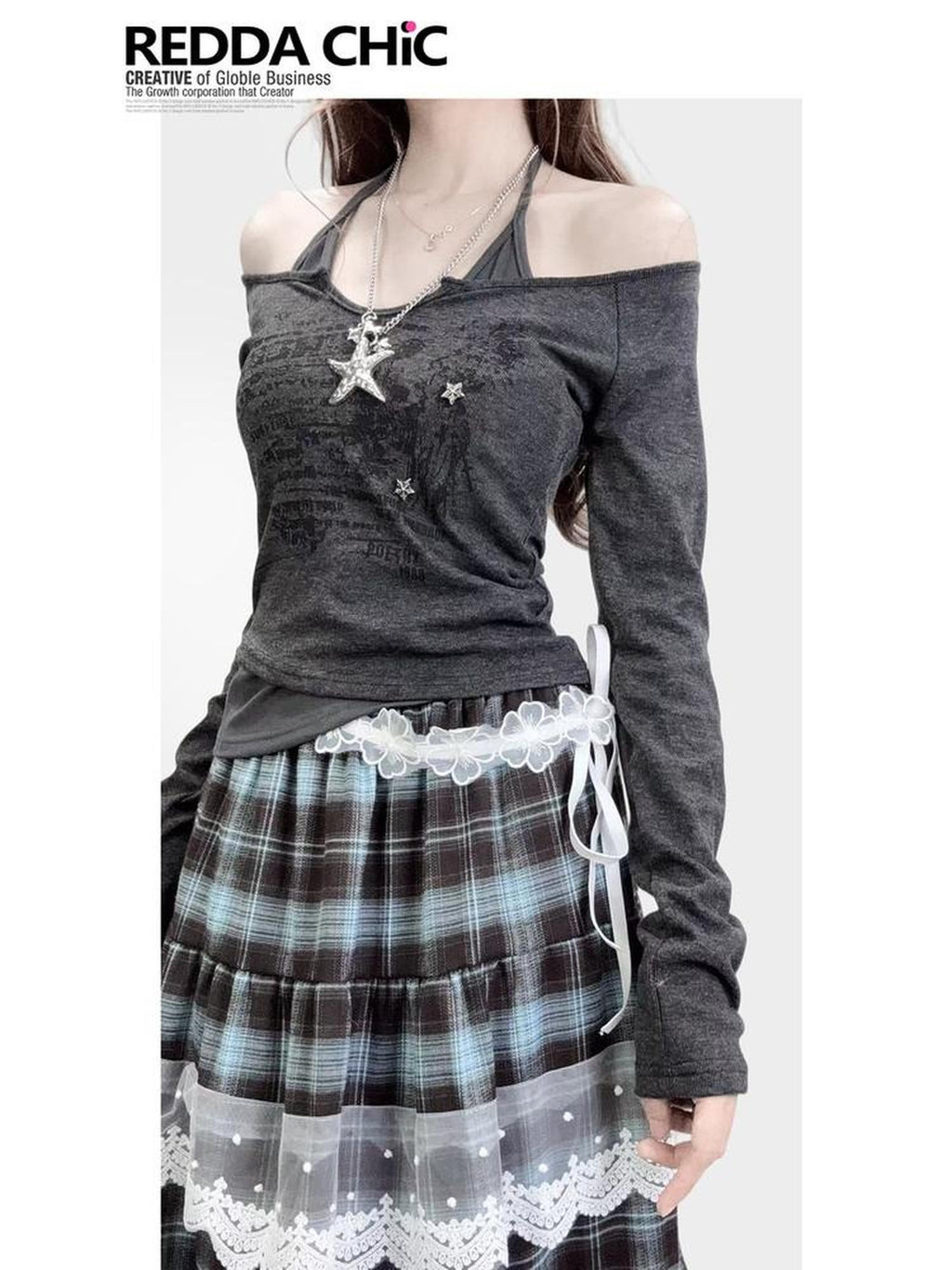 REDDACHIC Faux Layered Halter Print Cropped Slim Dark Gray Women'S Long Sleeve T-Shirts