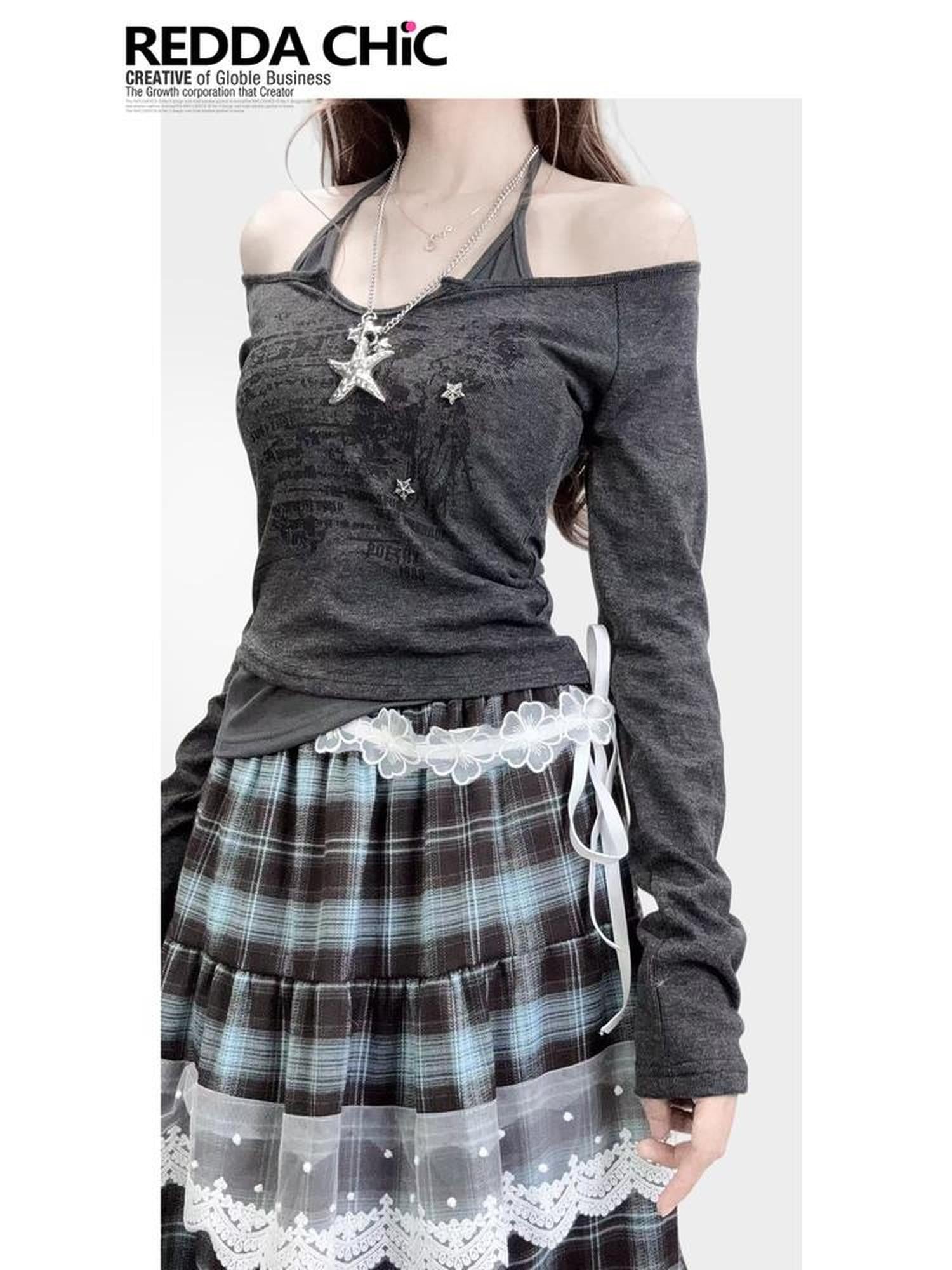 REDDACHIC Faux Layered Halter Print Cropped Slim Dark Gray Women'S Long Sleeve T-Shirts