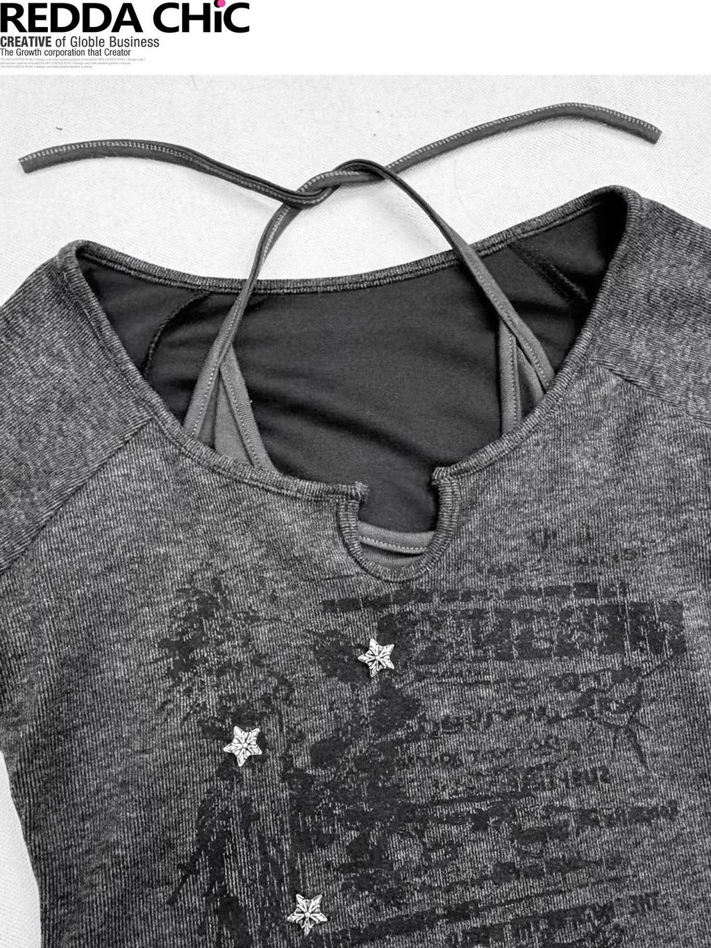 REDDACHIC Faux Layered Halter Print Cropped Slim Dark Gray Women'S Long Sleeve T-Shirts