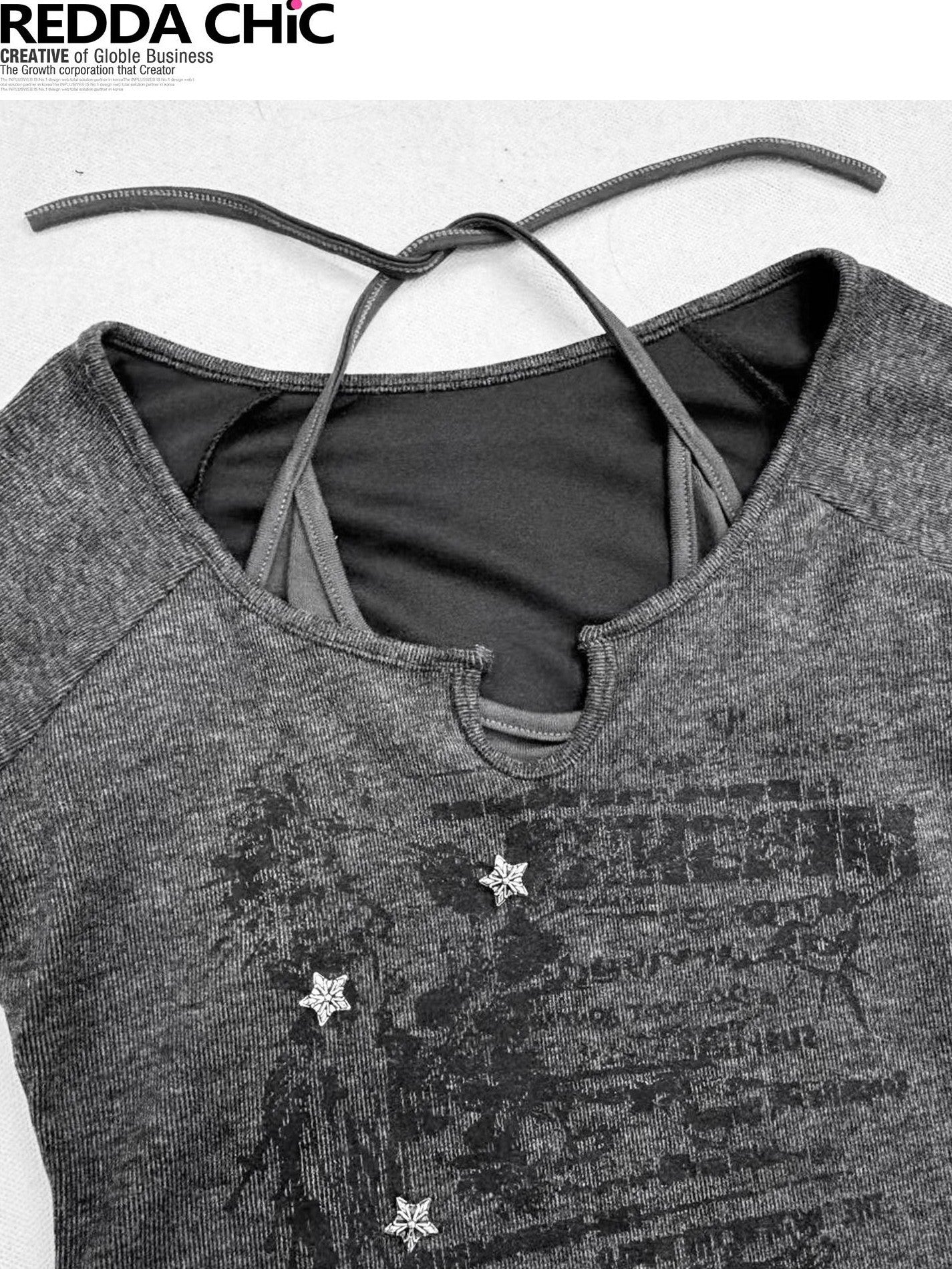 REDDACHIC Faux Layered Halter Print Cropped Slim Dark Gray Women'S Long Sleeve T-Shirts