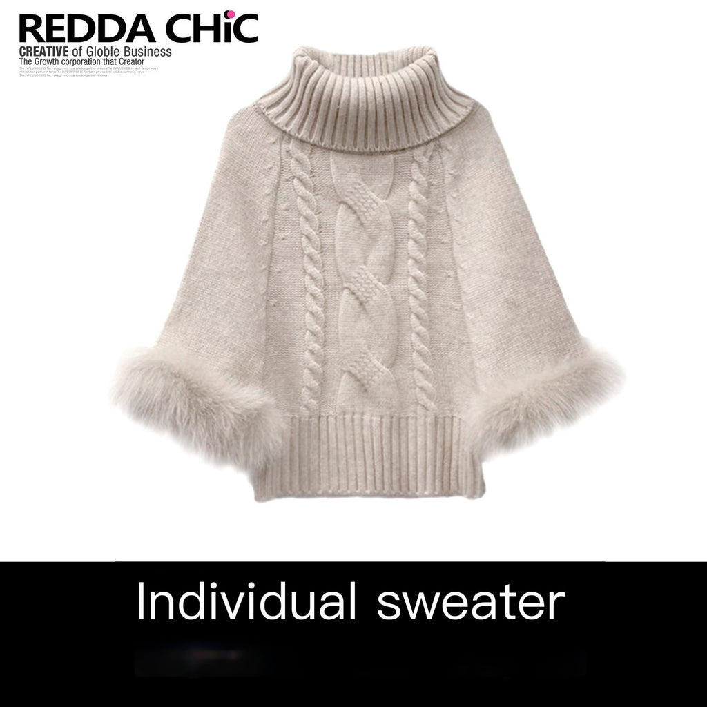 REDDACHIC_Fluffy_Patchwork_Cable_Knit_Batwing_Cape_High_Neck_Women'S_Oatmeal_Sweaters_MISSTT