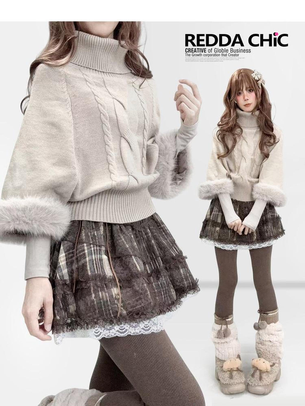 REDDACHIC Fluffy Patchwork Cable Knit Batwing Cape High Neck Women'S Oatmeal Sweaters