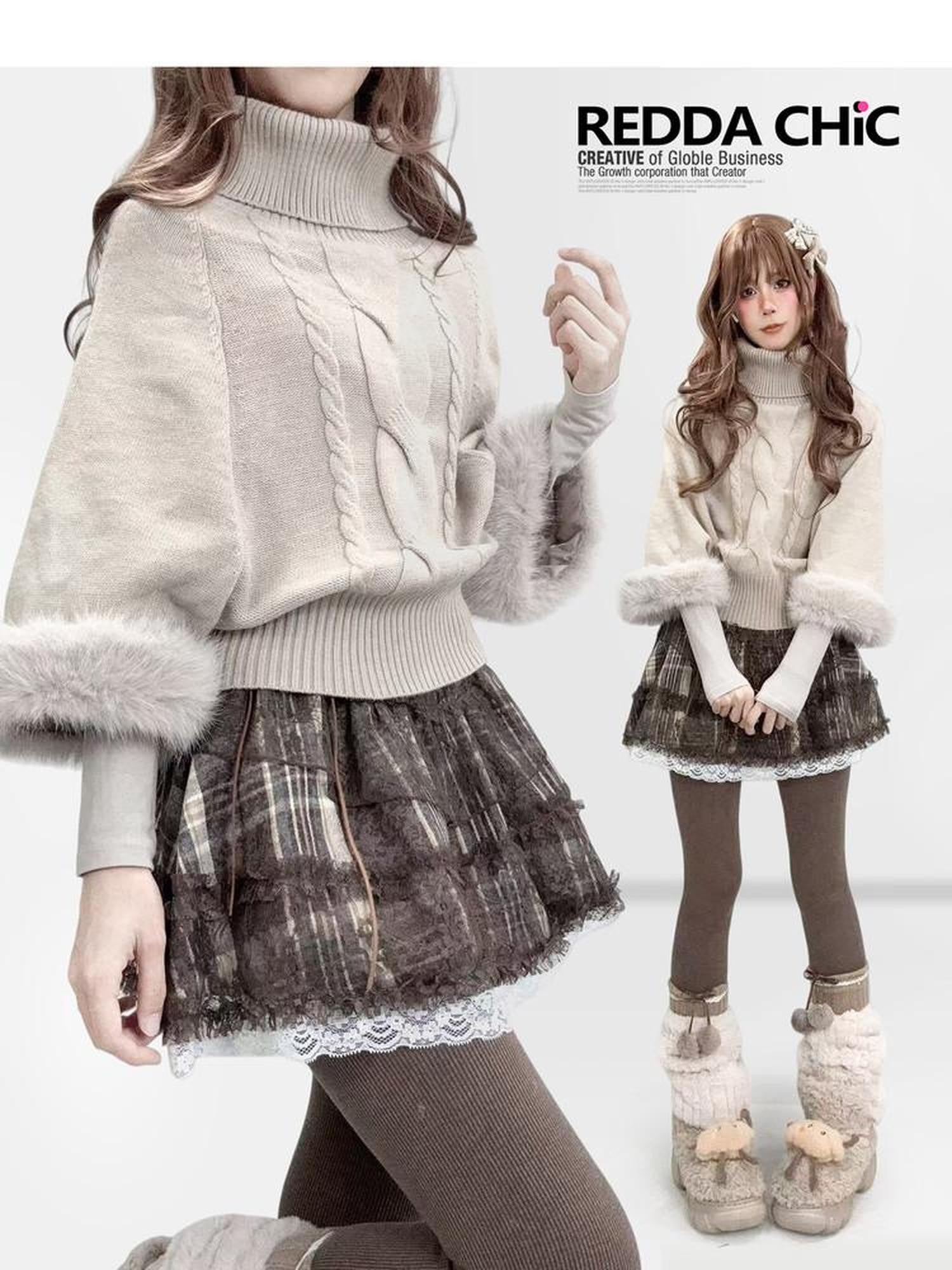 REDDACHIC Fluffy Patchwork Cable Knit Batwing Cape High Neck Women'S Oatmeal Sweaters