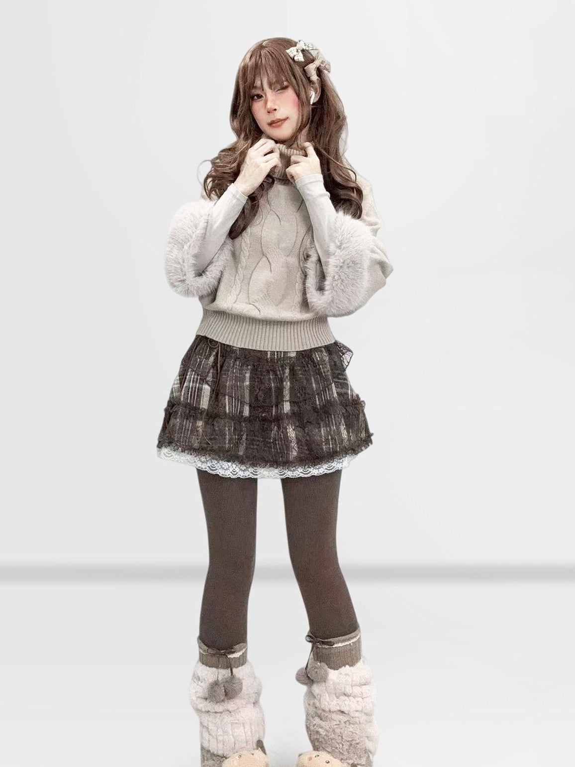REDDACHIC Fluffy Patchwork Cable Knit Batwing Cape High Neck Women'S Oatmeal Sweaters