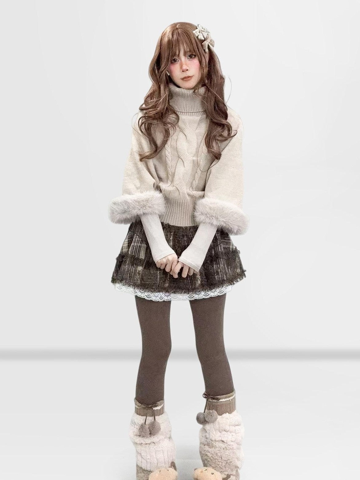 REDDACHIC Fluffy Patchwork Cable Knit Batwing Cape High Neck Women'S Oatmeal Sweaters