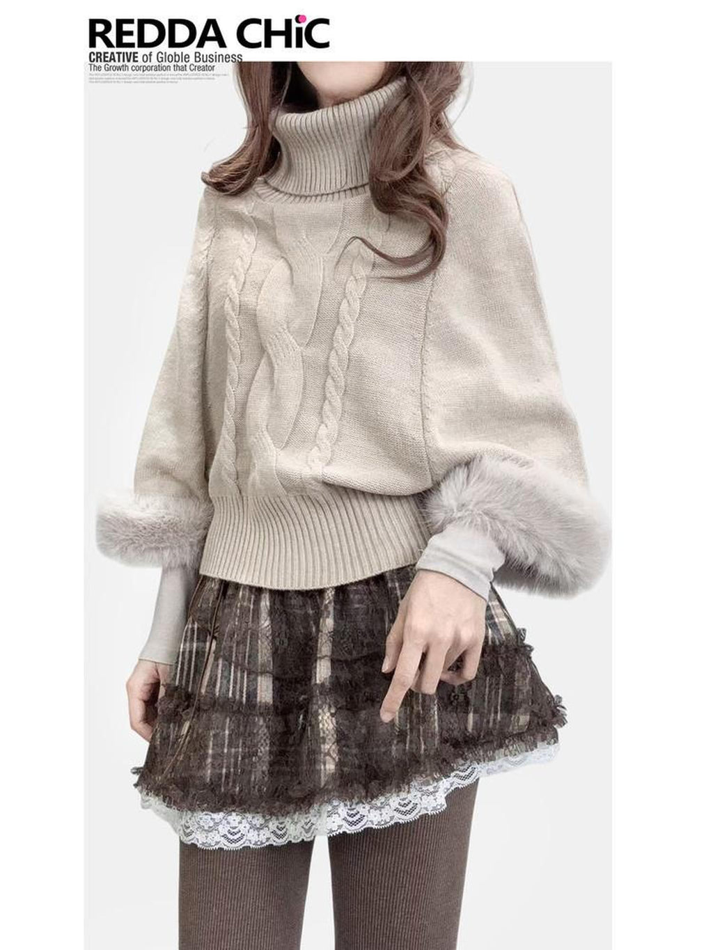 REDDACHIC Fluffy Patchwork Cable Knit Batwing Cape High Neck Women'S Oatmeal Sweaters