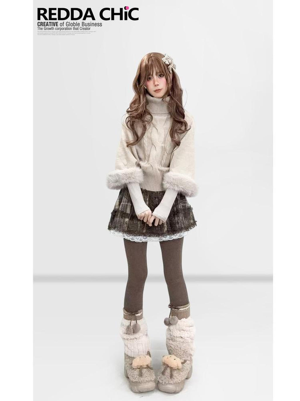 REDDACHIC Fluffy Patchwork Cable Knit Batwing Cape High Neck Women'S Oatmeal Sweaters