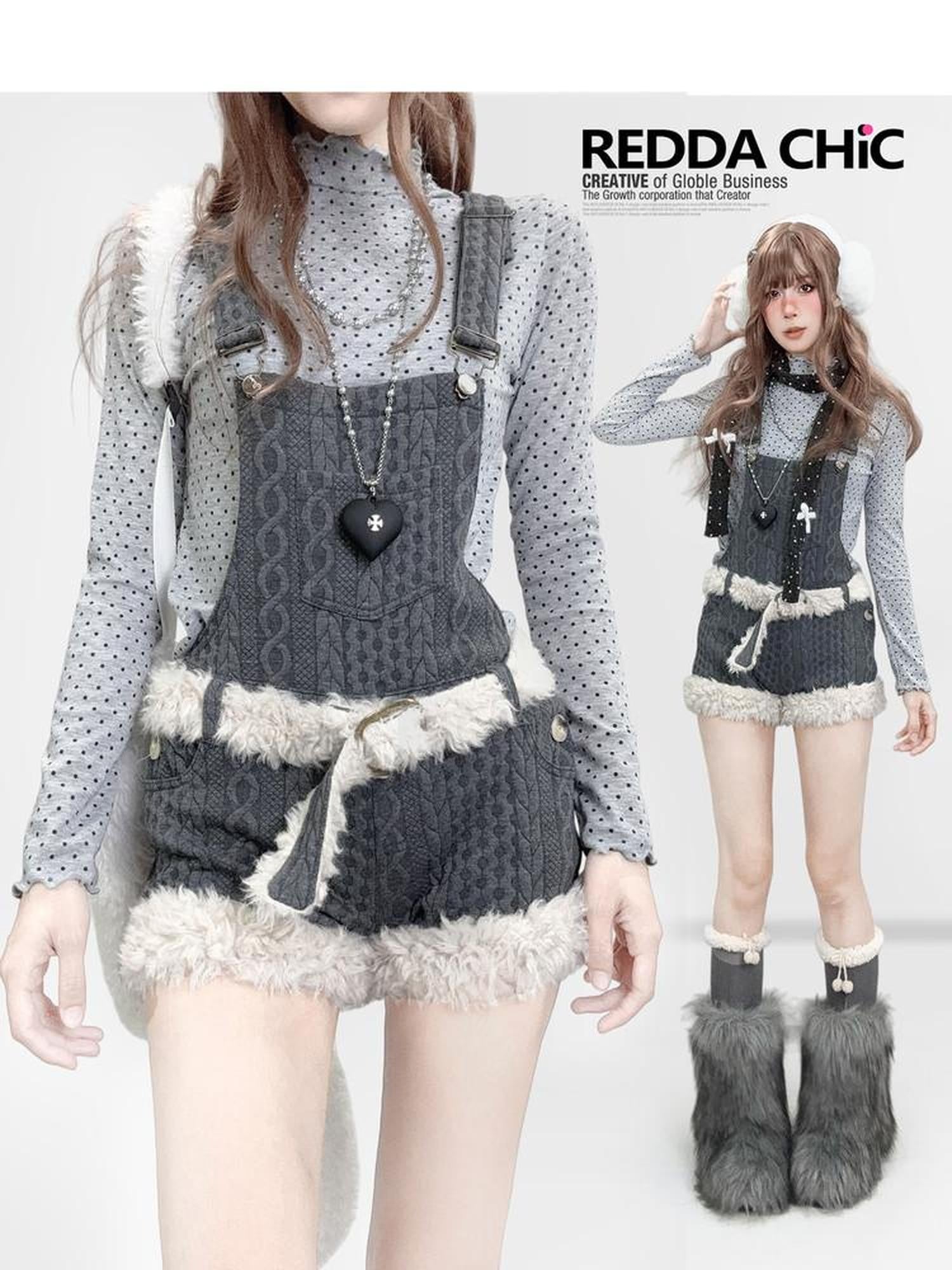 REDDACHIC Fur Patchwork Suspender Layered Vintage Women'S Wool Knit Short Trousers