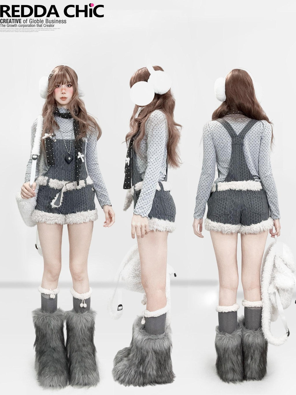 REDDACHIC Fur Patchwork Suspender Layered Vintage Women'S Wool Knit Short Trousers