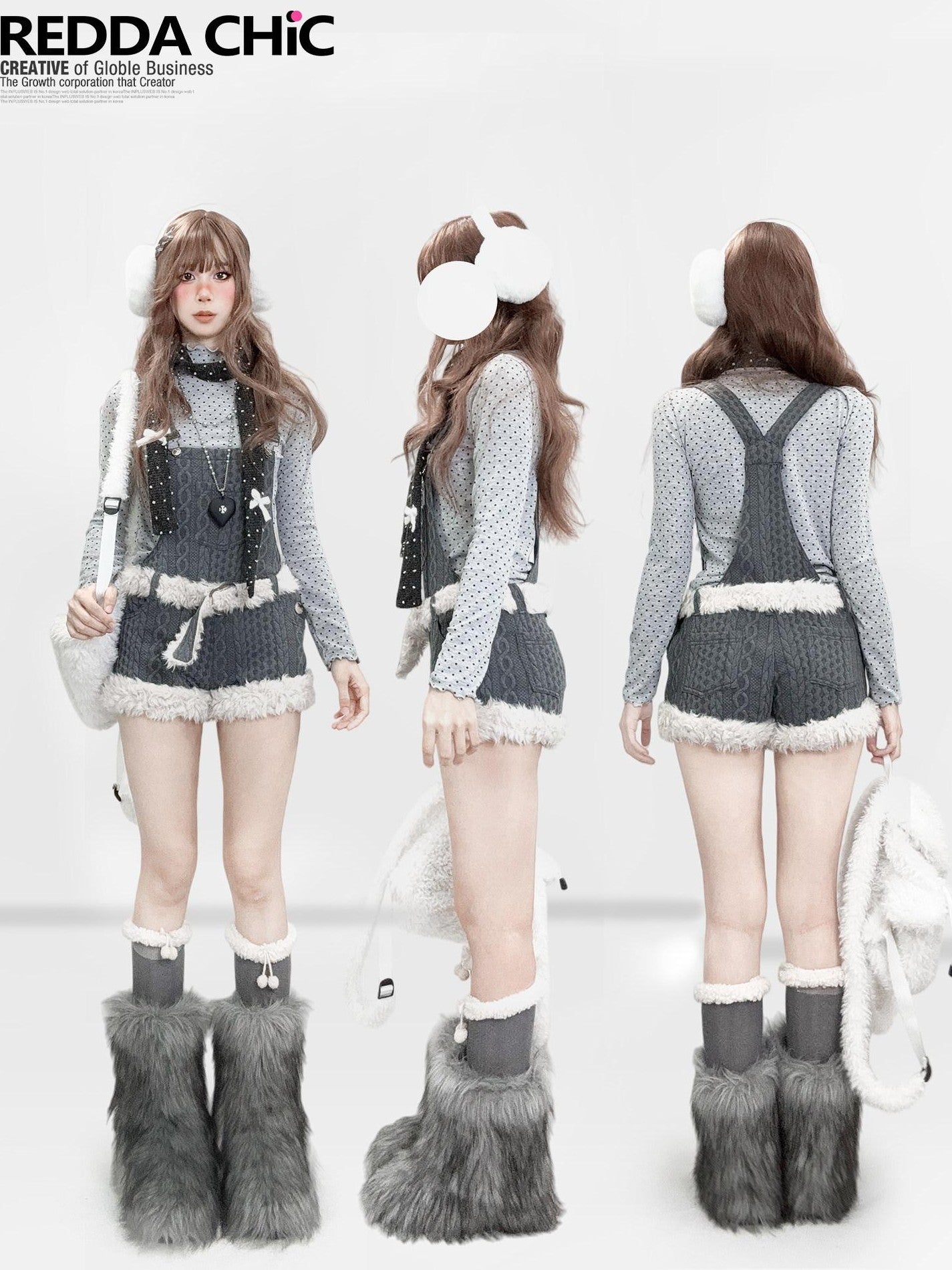 REDDACHIC Fur Patchwork Suspender Layered Vintage Women'S Wool Knit Short Trousers