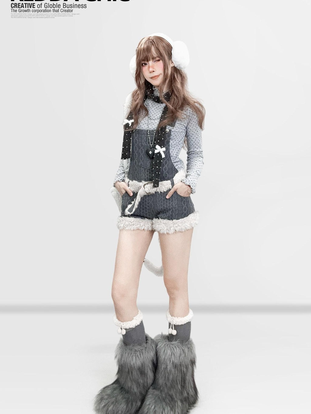 REDDACHIC Fur Patchwork Suspender Layered Vintage Women'S Wool Knit Short Trousers