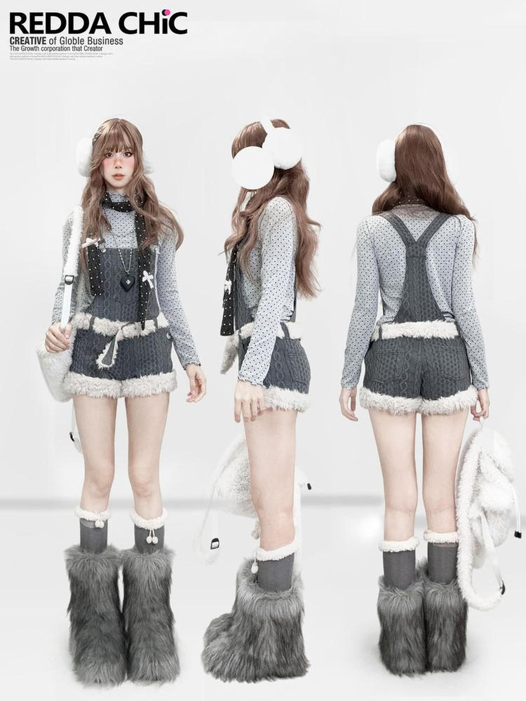 REDDACHIC Fur Patchwork Suspender Layered Vintage Women'S Wool Knit Short Trousers
