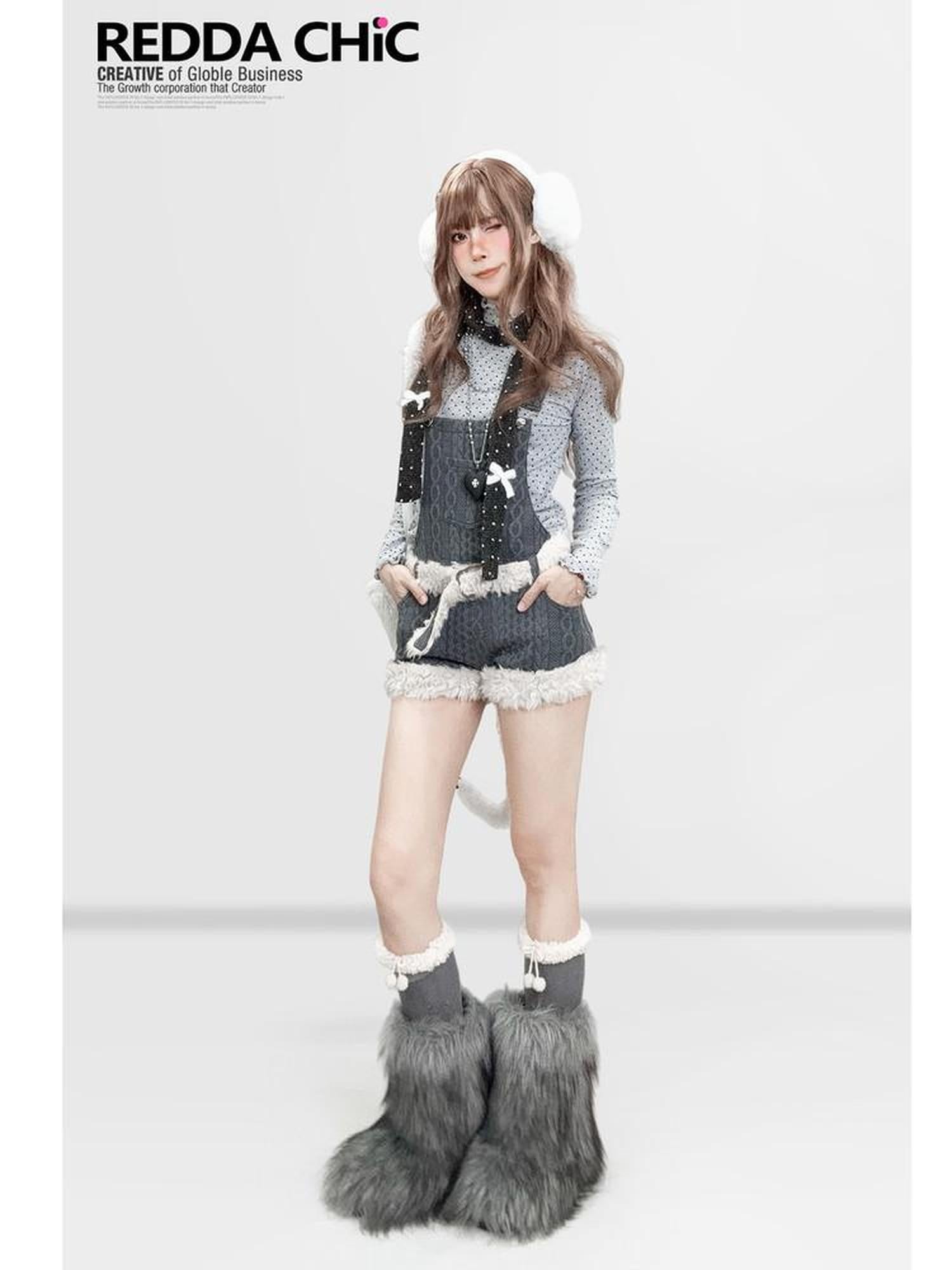 REDDACHIC Fur Patchwork Suspender Layered Vintage Women'S Wool Knit Short Trousers